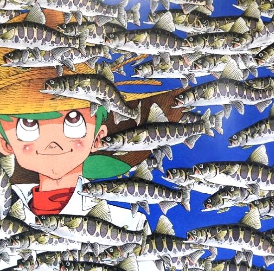 矢口高雄の絵画作品　タイトルは、釣りキチ三平〜山女魚群泳〜